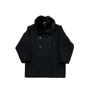 Steve By Searle Womens Black Solid Fox Fur Trim Wool Winter Coat Size 10 USA